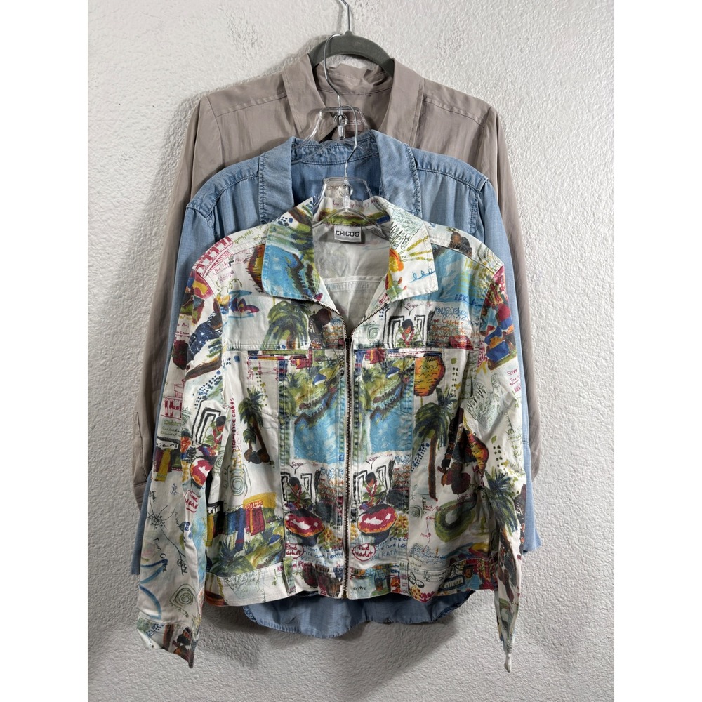 Chicos Lot of 3 Novelty Art Print Denim Jacket Tops Womens Size 0 Chambray‎